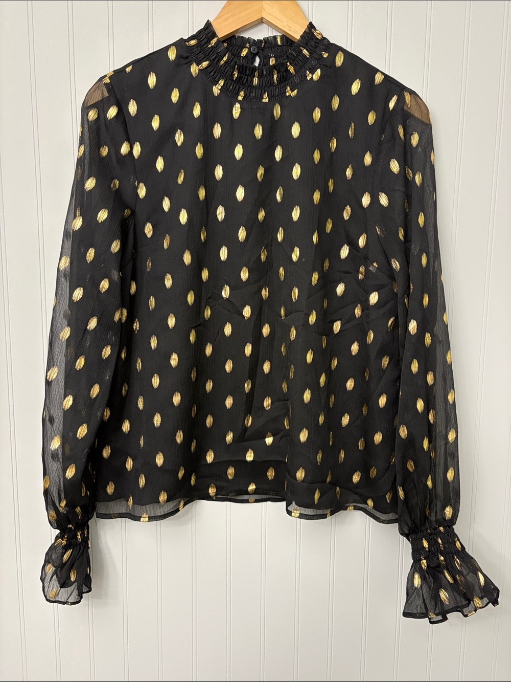 Pomander Place Long Sleeve Metallic Polka Dot High Neck Blouse Women Size Small